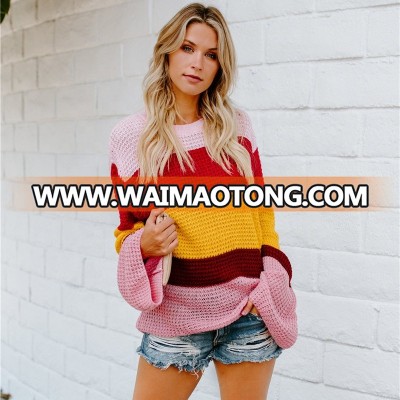 New Women Knitted Pink Striped Crew Neck Color-block Plus Size Pullover Bell Sleeve Rainbow Sweater