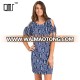 New design round neck blue printed short casual shift dress